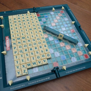 Travel Deluxe Scrabble set clip-in tiles in hard plastic folding case complete vintage game by Spear&#39;s Games. Handy Travel word board game