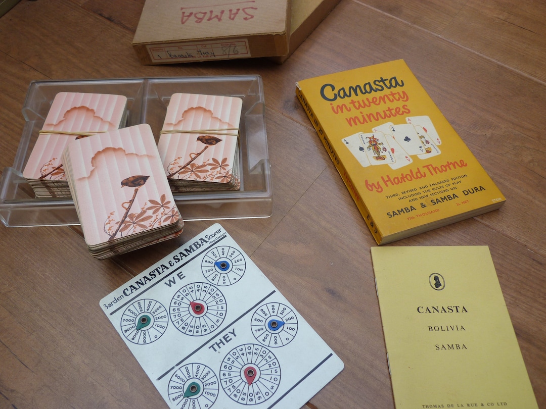 Vintage Samba Canasta Bolivia Game by De La Rue Plus Book. Three Decks