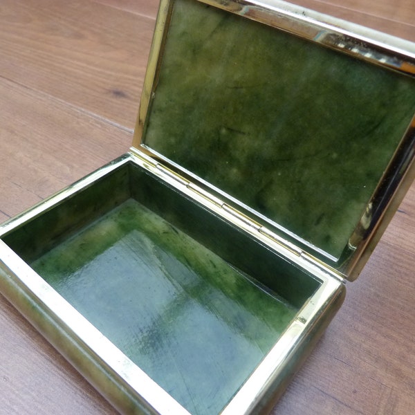 Vintage Alabaster Trinket Box Green Inside Figured Alabaster Hinged 5 1/2 Inch Stone Jewellery Box Made in Italy