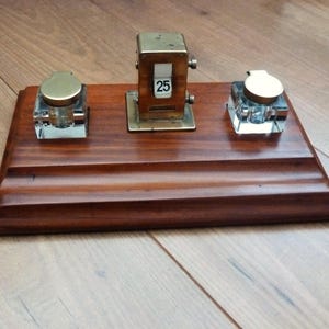 Rowenta Desk Set Perpetual Calendar Ink Wells on Mahogany Stand Early 20th Century Vintage Desk Accessory