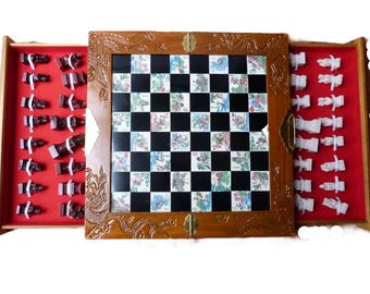Beautiful Large Vintage Chinese Chess Set Folding Board with Drawers 18 inch square Complete with 32 pieces