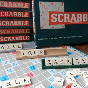 Vintage Scrabble board game by Spear's Games dated 1955. Complete original set: Board, racks and 100 letter tiles. Made in England word game image 2