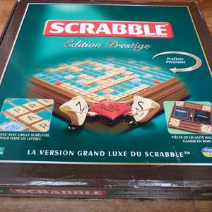 FRENCH Scrabble Prestige set with Wooden Framed Turntable Board, Wooden Letters, Velvet Bag Complete Game