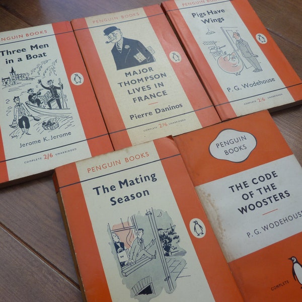 Collection of 5 1950s Penguin comic novel books Jerome Three Men in a Boat PG Wodehouse Wooster