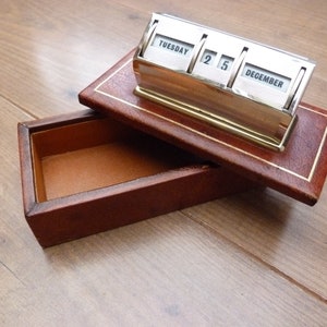 Leather Box Vintage Perpetual Desk Calendar Gold/Brass Colour Metal 1960s Desk Item Made in England