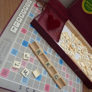 Vintage Early Scrabble set, complete original game with first plastic letters by Spear&#39;s Games dated 1955 Made in England word board game