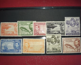Samling av frimärken från Caymanöarna, 9 valörer, 1938, Kung George VI, Brittiska samväldet, Äkta samlarfrimärken, oanvända