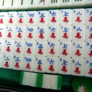 May include: A set of white Mahjong tiles arranged in a grid within a green case. Each tile features blue numbers one through nine at the top and red Chinese characters below. Four plain white and green tiles are placed horizontally at the bottom.