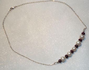 Freshwater pearl and ruby necklace with silver chain