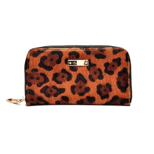 Cartera de piel de vaca, Cartera de cuero, Cartera con estampado animal, Cartera grande para mujer, Cartera hecha a mano