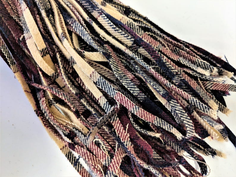 Vintage Wool Strips From Plaid Fabric 6 Blade Tan Burgundy Black 100 Strips image 2