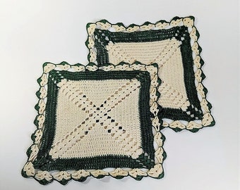 Doily Green and White Square Shape Vintage Crochet