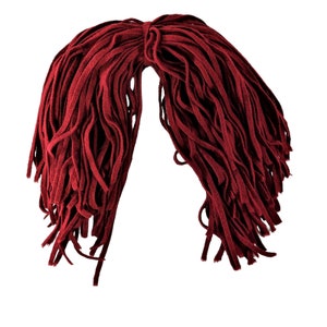 May include: A bundle of long, thin, burgundy red yarn strands. The strands are tied together at the top, creating a loose, flowing shape.