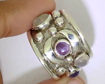 Rainbow Moonstone Amethyst Ring Sterling Silver, Unique Gemstone Ring, Natural Stone Ring, Gemstone Ring, BirthStone Ring, 925 Silver Ring