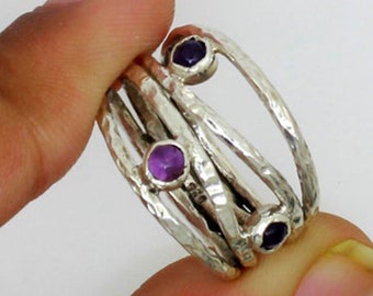 Natural Amethyst Ring, Amethyst Silver Ring, Handcrafted Hammered Ring, Boho Hippie Ring, Purple Stone Ring, 925 Sterling Silver Ring