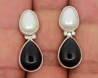 Natural Black Onyx and Peral Earrings, Gemstone Teardrop Earring, Pear Gemstone Earring, Genuine Solid 925 Sterling Silver Earring For Women