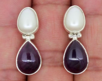 Natural Amethyst and Peral Earrings, Gemstone Teardrop Earrings, Pear Gemstone Earrings, Genuine Solid 925 Sterling Silver Earring For Women