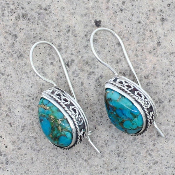 Copper Turquoise Earrings, Boho Turquoise Teardrop Earrings, 925 Sterling Silver Earrings, Natural Gemstone Earrings, Earrings For Women