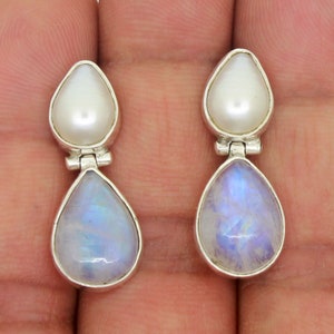 Natural Moonstone and Peral Earrings, Gemstone Teardrop Earring, Pear Gemstone Earring, Genuine Solid 925 Sterling Silver Earrings For Women