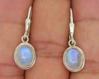 Moonstone Earrings, Oval Gemstone Earrings, Leverback Earrings, 925 Sterling Silver Jewelry, Rainbow Moonstone Dangle Earring, Gifts For Her
