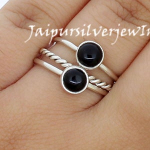 Black Onyx Stacking Ring, 3 Stackable Rings Set, 6 mm Round Gemstone Rings 925 Sterling Silver, Boho Twisted ring, December Birthstone Rings