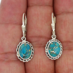 Kingman Blue Copper Turquoise Earrings, Boho Turquoise Earrings, Oval Gemstone Sterling Silver December Birthstone Jewelry Gifts For Women
