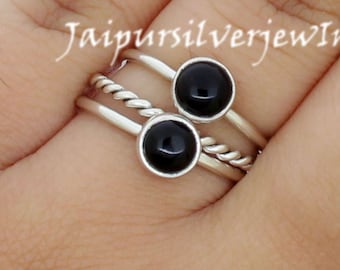 Black Onyx Stacking Ring, 3 Stackable Rings Set, 6 mm Round Gemstone Rings 925 Sterling Silver, Boho Twisted ring, December Birthstone Rings