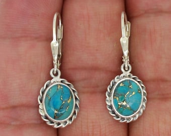 Kingman Blue Copper Turquoise Earrings, Boho Turquoise Earrings, Oval Gemstone Sterling Silver December Birthstone Jewelry Gifts For Women