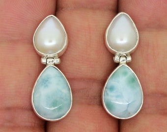 Natural Larimar and Peral Earrings, Gemstone Teardrop Earrings, Pear Gemstone Earrings, Genuine Solid 925 Sterling Silver Earrings For Women