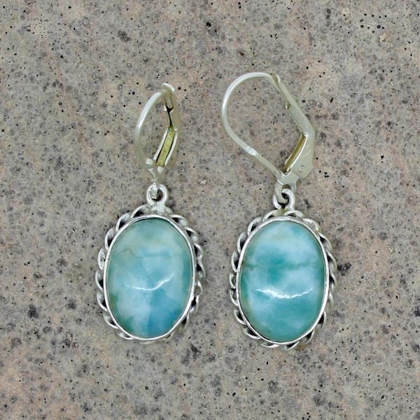 Natural Larimar Earring, Big Oval Shape Gemstone Boho Earrings, Leverback Dangle Drop Earrings, Sterling Silver Larimar Earrings For Womens