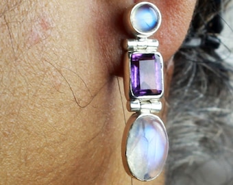 Amethyst Earrings, Rainbow Moonstone Earrings, Moonstone Earrings, Natural Amethyst Earrings, Moonstone Stud Dangle Earrings, Gift For Her