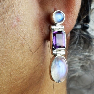 Amethyst Earrings, Rainbow Moonstone Earrings, Moonstone Earrings, Natural Amethyst Earrings, Moonstone Stud Dangle Earrings, Gift For Her