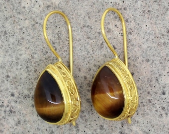 Yellow Tiger Eye Earrings, Boho Tiger Eye Teardrop Micro Gold Plated Sterling Silver Earrings, Natural Gemstone Earrings, Earrings For Women