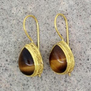 Yellow Tiger Eye Earrings, Boho Tiger Eye Teardrop Micro Gold Plated Sterling Silver Earrings, Natural Gemstone Earrings, Earrings For Women