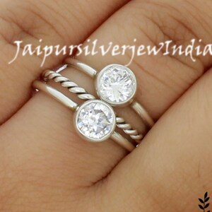 Cubic Zirconia Stacking Ring, 3 Stackable Rings Set, 6 mm Round White Zirconia 925 Sterling Silver Ring, Twisted ring, April Birthstone Ring