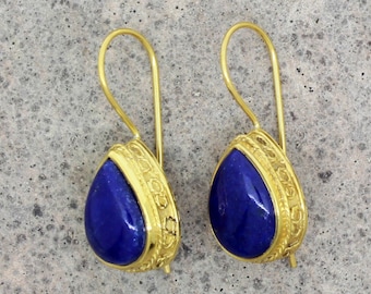 Blue Lapis lazuli Earrings, Boho Lapis Teardrop Micro Gold Plated Sterling Silver Earrings, Natural Gemstone Earrings, Earrings For Women