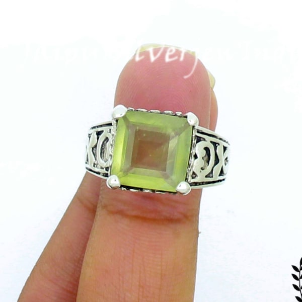 Prehnite Ring • Natural Faceted Prehnite 10mm Square Big Gemstone Signet Rings • Hipster Ring Sterling Silver • Birthday Anniversary gift