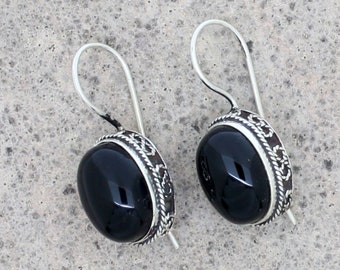 Black Onyx 10mm x 14mm Oval Shape Gemstone Sterling Silver Boho Dangle Earrings For Women, Dangle Gemstone Earrings, Black Earrings