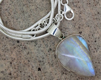 Moonstone Pendant Necklace, Unique Moonstone Sterling Silver Pendant, Solid 925 sterling silver adjustable snake chain necklace For Gifts