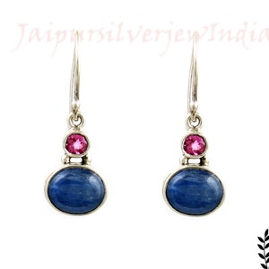 Kyaniet oorbellen, roze toermalijn oorbellen, zilveren oorbellen, bengelen drop oorbellen, 925 zilveren sieraden, blauwe edelsteen oorbellen, cadeau voor haar