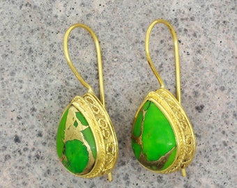 Boucles d'oreilles turquoise et cuivre vert, style bohème, en argent sterling plaqué or, pierres naturelles, cadeau idéal pour femme.