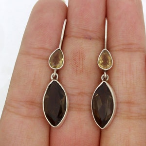 Dainty Natural Faceted Smoky Quartz with Citrine Multi Gemstone 925 Sterling Silver Handmade Dangle Earrings For Women, Everyday Earrings