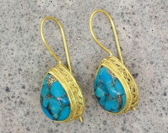 Boucles d'oreilles turquoise cuivrées bleues, boucles d'oreilles turquoise et or, boucles d'oreilles en forme de larme plaquées or micro, boucles d'oreilles en pierre naturelle, boucles d'oreilles pour femmes
