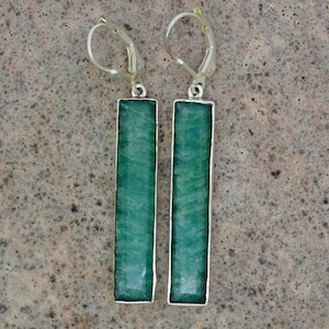 Natural Amazonite Rectangle Dangle Earrings • 925 Sterling Silver Green Bar Drop Crystal Jewelry Gift