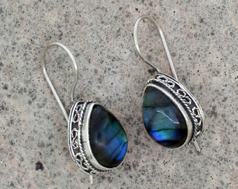 Labradorite Earrings, Boho Labradorite Teardrop Earrings, 925 Sterling Silver Earring, Natural Gemstone Earrings For Women, oxidized jewelry