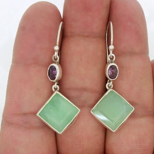 Natural Green Chrysoprase And Amethyst Earrings, Faceted Square Gemstone Dangle Drop Earrings, Multicolor Sterling Silver Everyday Earrings