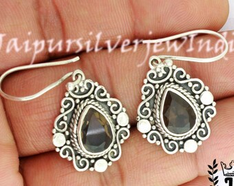 Boucles d'oreilles goutte d'eau en quartz fumé, filigrane en argent sterling, style bohème vintage