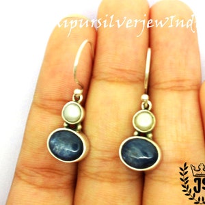 Blue Kyanite Earrings, Pearl Earrings, Silver Earrings, Dangle Drop Earrings, 925 Silver Jewelry, Gemstone Earrings, Gift For Her, Gift