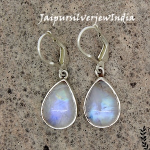 Orecchini in pietra di luna, orecchini a goccia con chiusura a leva in pietra di luna arcobaleno, orecchini semplici per tutti i giorni in argento sterling 925 con pietre preziose naturali per donna