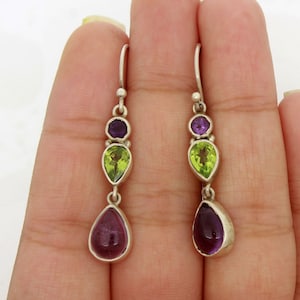 Natural amethyst and Peridot earrings, sterling silver earrings, teardrop dangle earrings, Multi Gemstone Leverback Earrings For Women Gifts